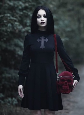 KILLSTAR暗黑哥特Crossed Out十字架透视高领修身显瘦长袖连衣裙