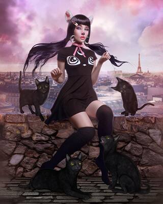 潮牌哥特黑猫高腰摇滚朋克连衣裙