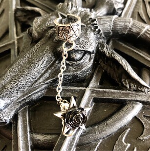 Alchemy Gothic E382 Rosa Nocta黑玫瑰五芒星链条耳骨哥特耳钉