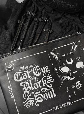 暗黑哥特KILLSTAR CATEYE新月五芒星黑猫摇滚朋克腕带手拿化妆包