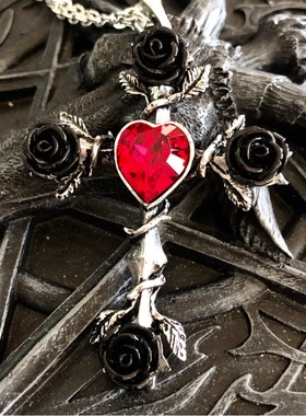 哥特宫廷黑玫瑰十字架项链