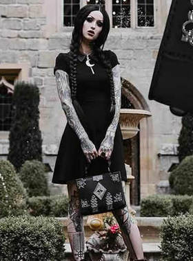 潮牌KILLSTAR Coven哥特弦月摇滚朋克拉链小黑连衣裙