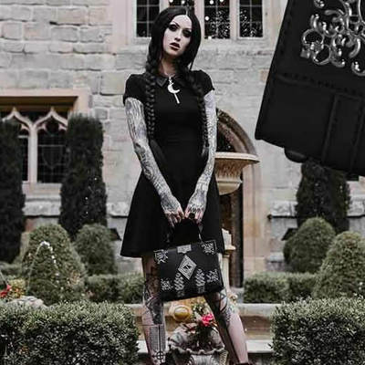 潮牌KILLSTAR Coven哥特弦月摇滚朋克拉链小黑连衣裙