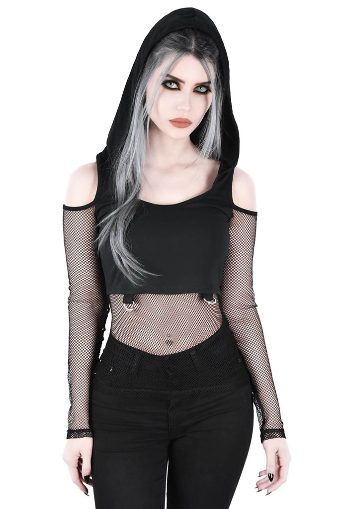 潮牌KILLSTAR Exit Wound朋克摇滚哥特镂空鱼网上衣帽衫T恤