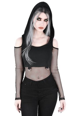 潮牌KILLSTAR Exit Wound朋克摇滚哥特镂空鱼网上衣帽衫T恤