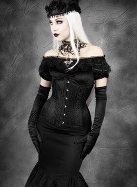 东欧哥特BLACK PEACOCK孔雀宫廷复古吸血鬼提花羽毛螺旋钢骨束腰