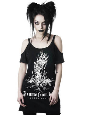 KILLSTAR暗黑哥特HELL地狱恶魔之手恶鬼露肩摇滚朋克短袖长款T恤