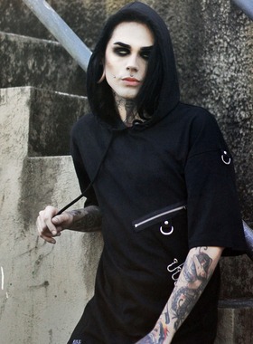 美国潮牌KILLSTAR Deadline哥特朋克摇滚重金属连帽别针男短袖T恤