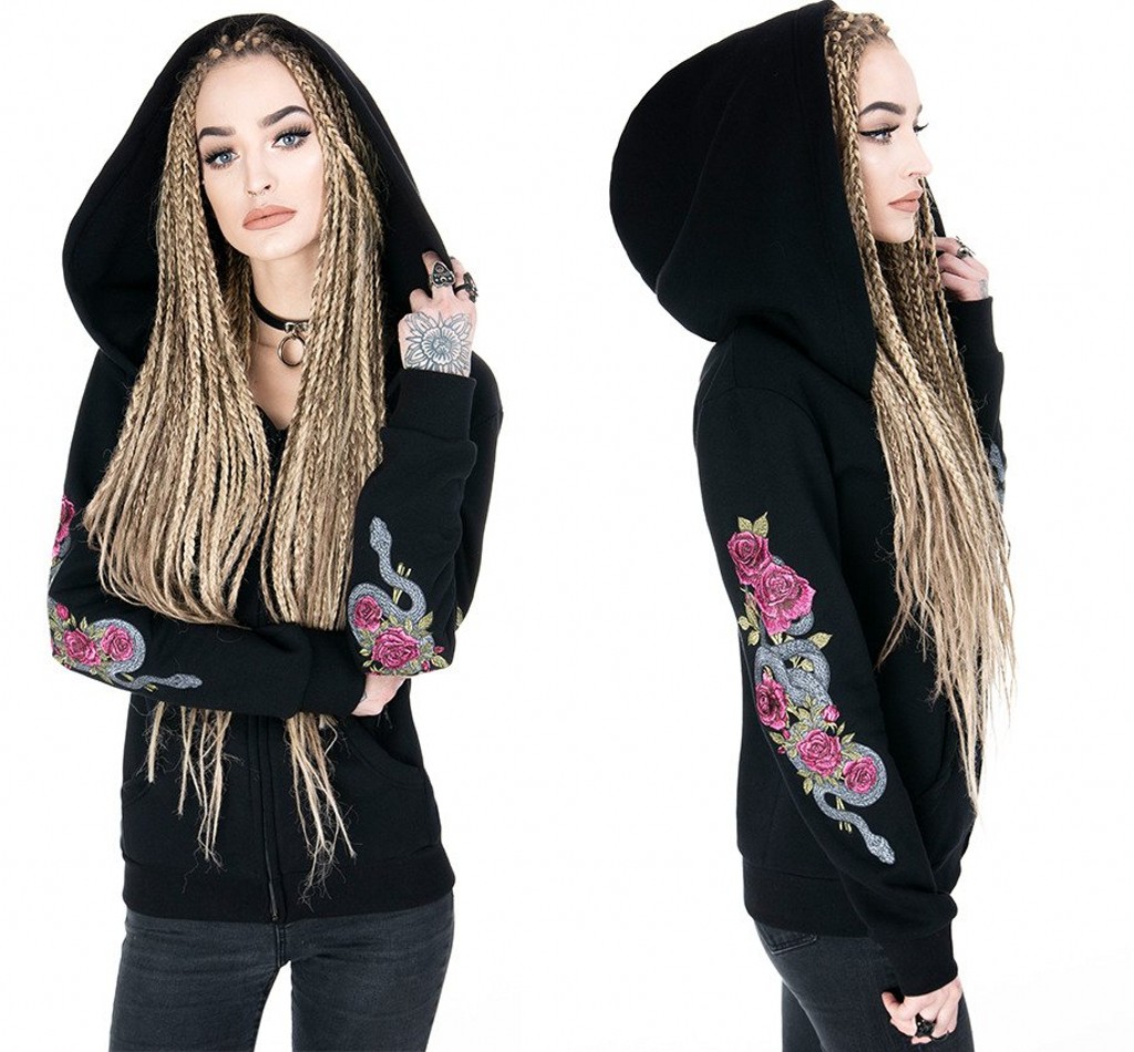 东欧哥特玫瑰刺绣连帽卫衣
