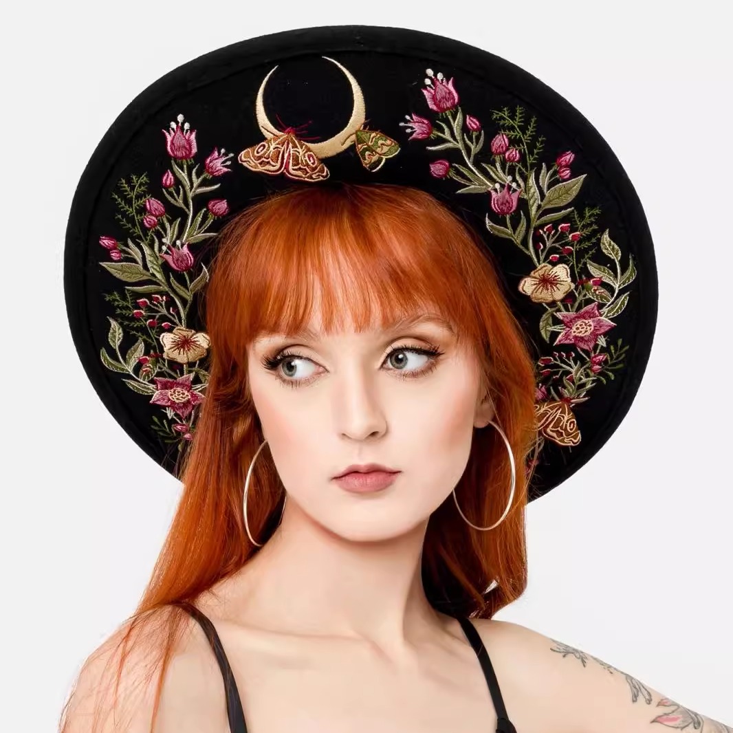 东欧RESTYLE波兰WILDFLOWER哥特暗黑刺绣草药月下飞蛾宽檐礼帽子