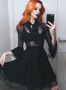 潮牌KILLSTAR Decay Nu-Mourning透明黑纱长袖连衣裙