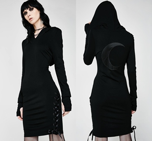 KILLSTAR暗黑哥特亚文化Eleanor摇滚朋克连帽黑月亮绑带连衣裙