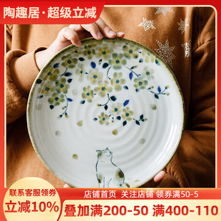 千代源日式进口饭碗汤碗花见猫釉下彩可爱好看猫咪钵碗家用餐具