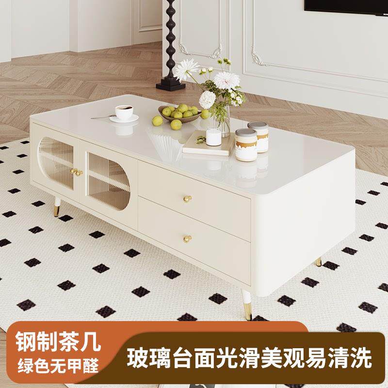 轻奢新款钢制茶几电视柜组合白色玻璃台面客厅环保家具储物柜边柜