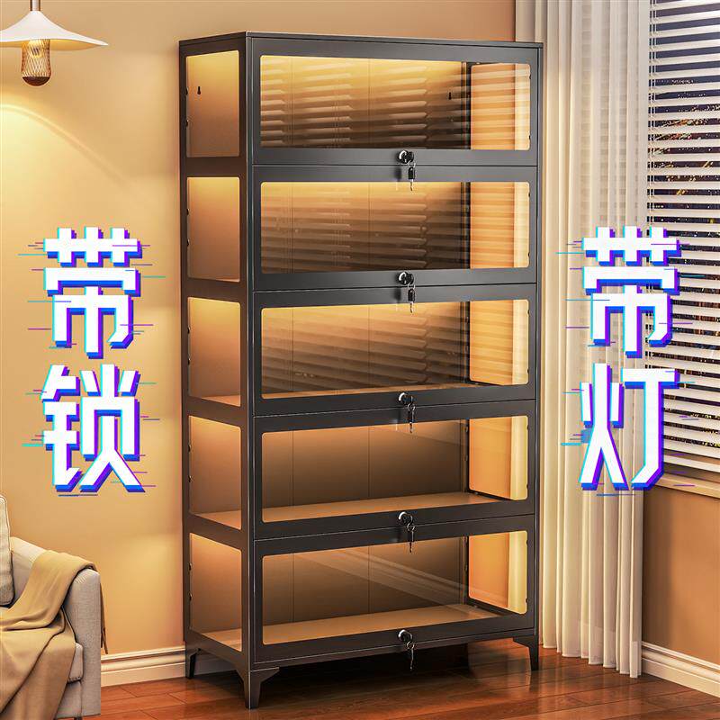 带锁手办展示柜家用带灯透明玻璃柜子盲盒摆件痛柜积木模型陈列柜