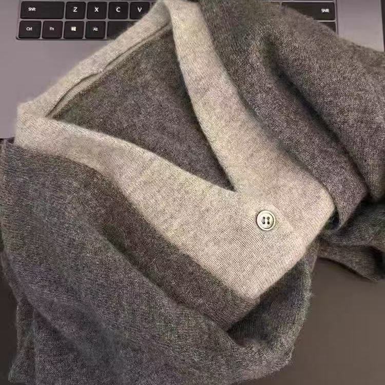 V领纯羊毛假两件针织开衫外套女