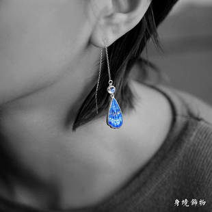 身境饰物‖春夜‖蝴蝶 高温珐琅纯银耳线 镶嵌蓝月光石 简洁款