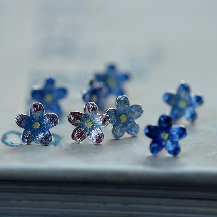 纯银高温珐琅勿忘我手工烧制耳钉