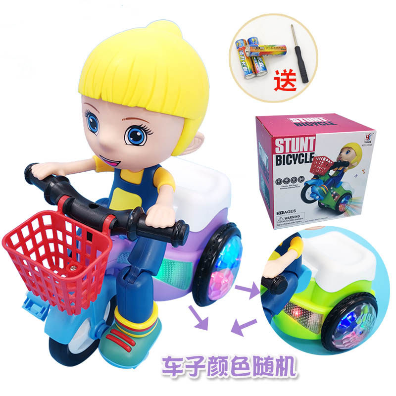 빛과 음향 효과가 있는 어린이용 스턴트 회전 세발자전거 자전거를 타고 자전거 장난감을 타는 전기 어린 소녀