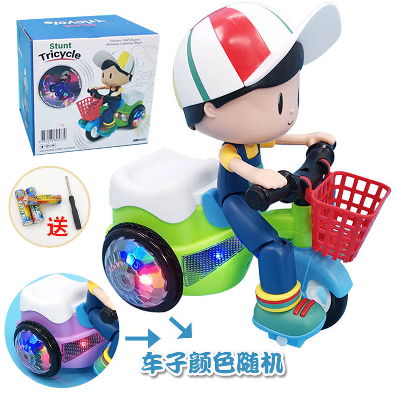 빛과 음향 효과가 있는 어린이용 스턴트 회전 세발자전거 자전거를 타고 자전거 장난감을 타는 전기 어린 소녀