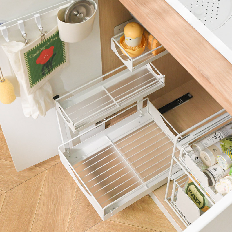 厨房下拉篮置物架双层抽拉式橱柜内分层储物筐浴室柜台下收纳