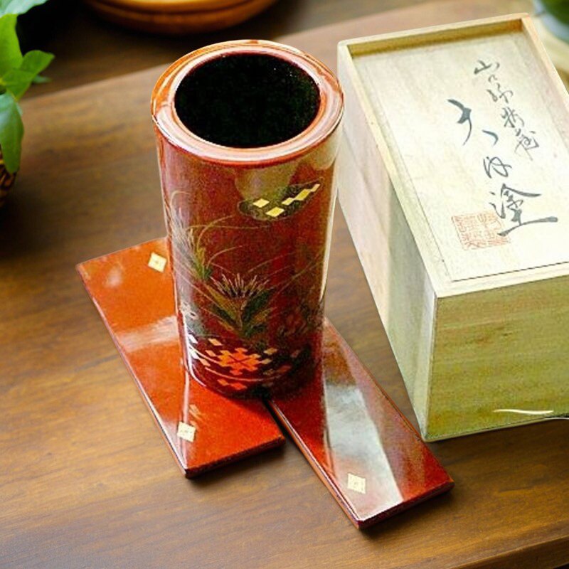 日本插花器 花道大内涂轮岛涂大漆原木箱花瓶 金莳绘漆器古董摆件