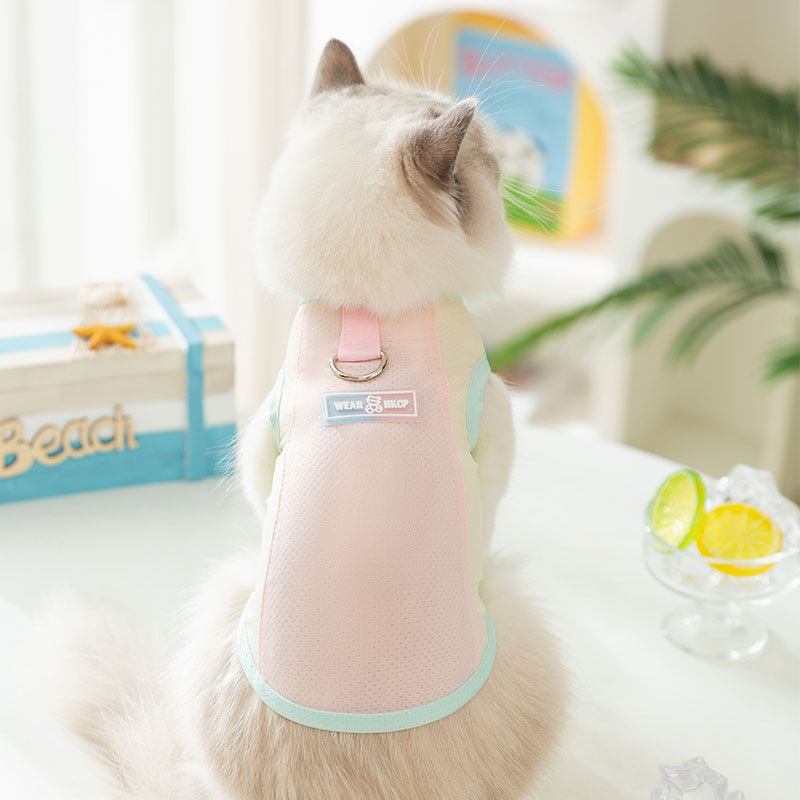 猫咪春夏季透气马卡龙小蝴蝶网眼防晒凉凉宠物猫牵引背心狗狗衣服