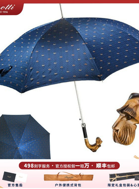 意大利新款pasotti直杆伞男伞手工木质雕刻雪纳瑞犬把手蓝色伞布