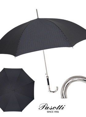 意大利pasotti雨伞银色弯把简约银色半自动蓝色条纹晴雨伞长柄伞