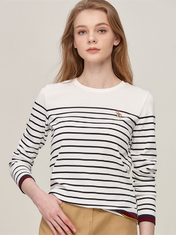 hazzys哈吉斯女装 23经典款休闲版条纹拼色打底衫上衣纯棉长袖t恤