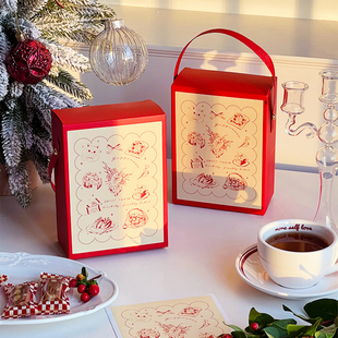 简约手绘红色包装盒烘焙饼干糖果手提盒春节新年礼物伴手礼品盒子