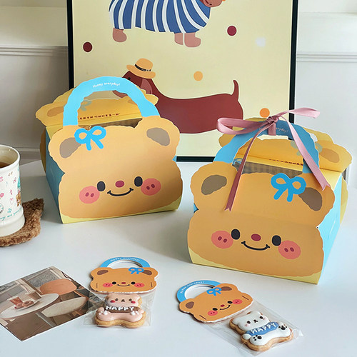 黄油小熊手提西点甜品打包盒巴斯克蛋糕烘焙绿豆糕曲奇饼干包装盒
