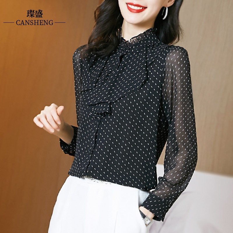 衬衫女复古高品质2021秋装新款雪纺荷叶边法式衬衣服修身时尚波点