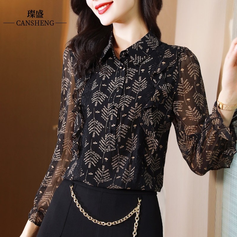衬衫女春秋长袖百搭洋气时尚雪纺衫早秋上衣薄款蕾丝气质减龄衬衣