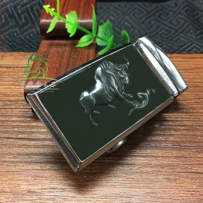 XIAO YAZHAI 천연 허티안 옥 사파이어 조디악 소 벨트 버클 남성용 블랙 사파이어 강세 벨트 버클