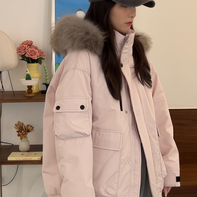 Verano大毛领连帽工装派克羽绒服女新国标90白鸭绒宽松外套