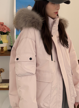 Verano大毛领连帽工装派克羽绒服女新国标90白鸭绒宽松外套