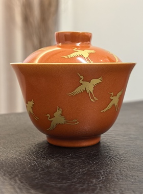 景德镇 忘言造物 忘言款 手绘矾红本金瑞鹤承祥盖碗二才盖碗