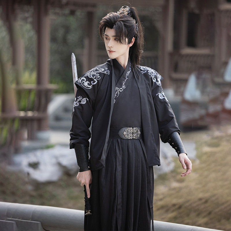 국가 동향 HANFU 남성 정통 원래 중국 스타일 남성 기사도 의상 허리 길이 웨이와 진 스타일 봄 정장 매일 사용