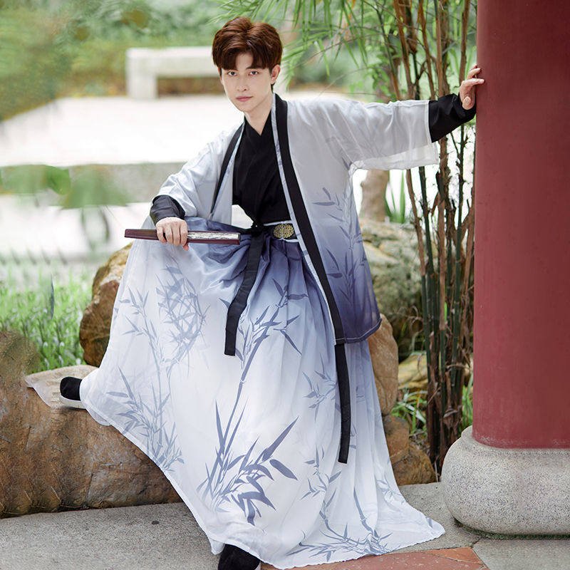 HANFU 남성 요정 정신 웨이와 진 학생 일일 공연 의상 무술 중국 스타일 잉크 스크립트 킬러 공연 대나무 잎 인쇄