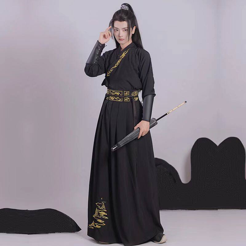 고대 의상 원래 밤 검은 색 크로스 칼라 HANFU 허리 높이 자수 양복 큰 소매 셔츠 XIANXIAXIA 고객 서비스 봄 가을 학생