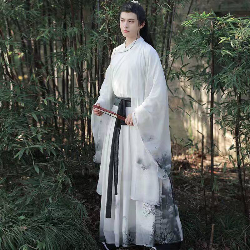남성용 HANFU WEI와 JIN 스타일 고대 스타일 인쇄 및 염색 큰 소매 허리 스커트 선녀 한 요소 고대 의상 중국 스타일 양복