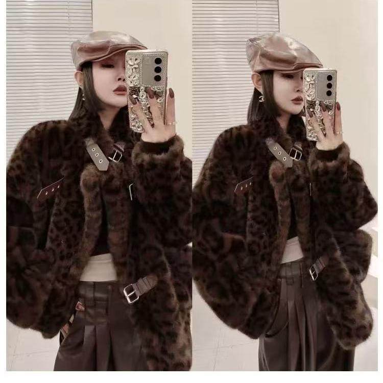 豹纹金貂绒皮毛一体外套女短大衣皮草