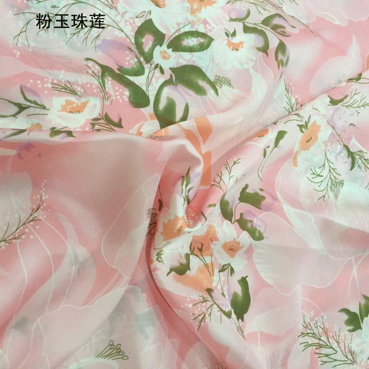 新品真丝布料100桑蚕丝高档 印花汉服床品面料子粉玉珠莲