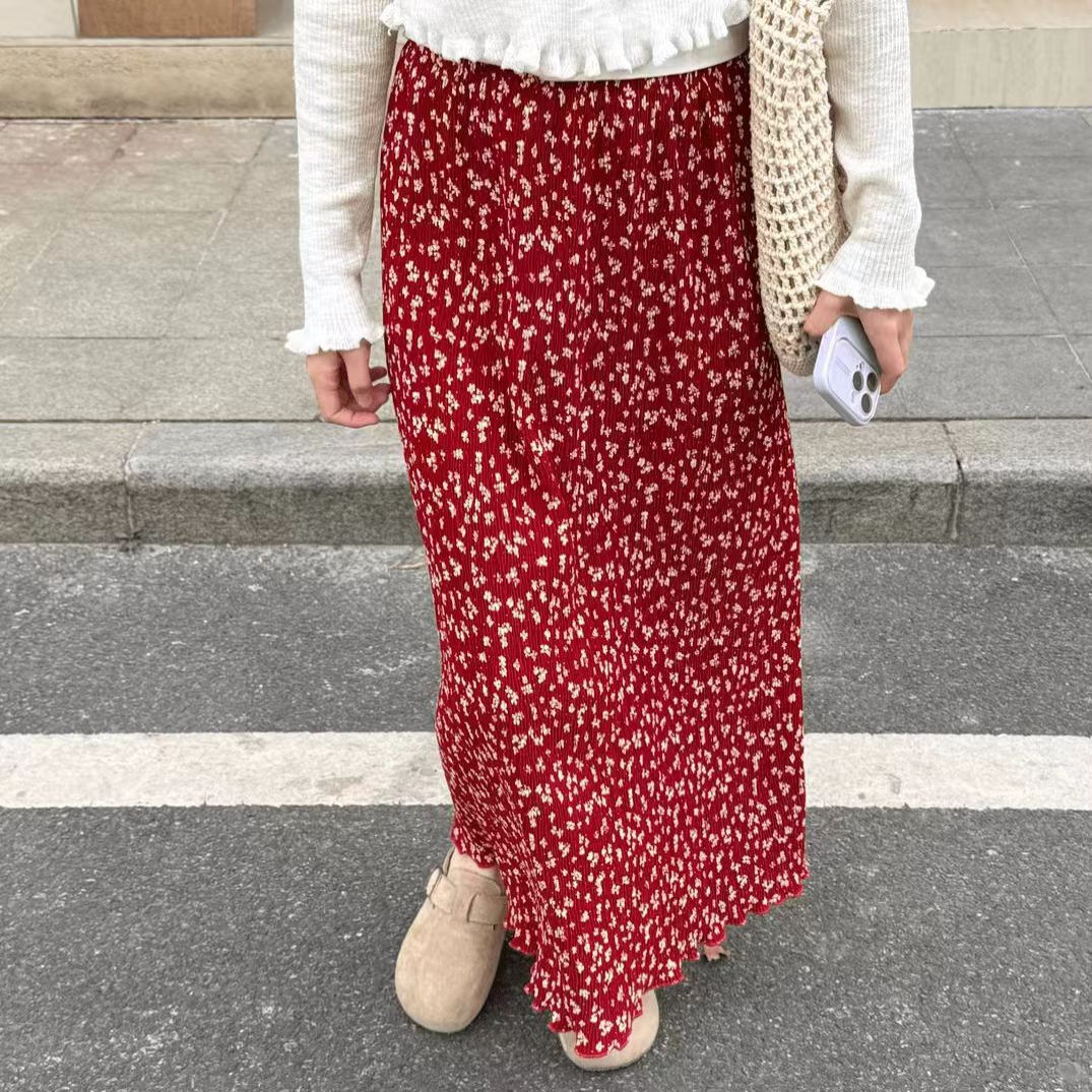 复古红色碎花半身裙女夏褶皱印花