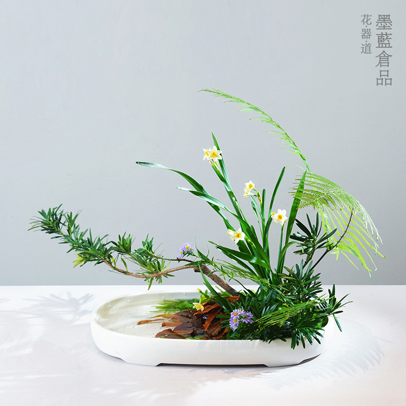 特大椭圆小判花器花盆 小原流写景盛花插花日式花道花艺展出布景
