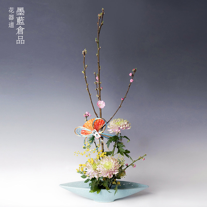 日本进口陶瓷船型 椭圆池坊大花器日式花道小原流创意插花花盘