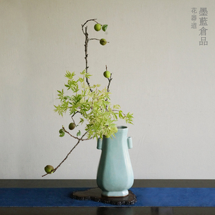 汝窑复古中式 客厅插花器皿桌面摆件 花觚 景德镇青瓷仿宋陶瓷花瓶