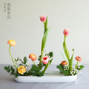 日式 进口小原流长椭圆排列花器插花花盆禅意中式 花道陶瓷花盘器皿