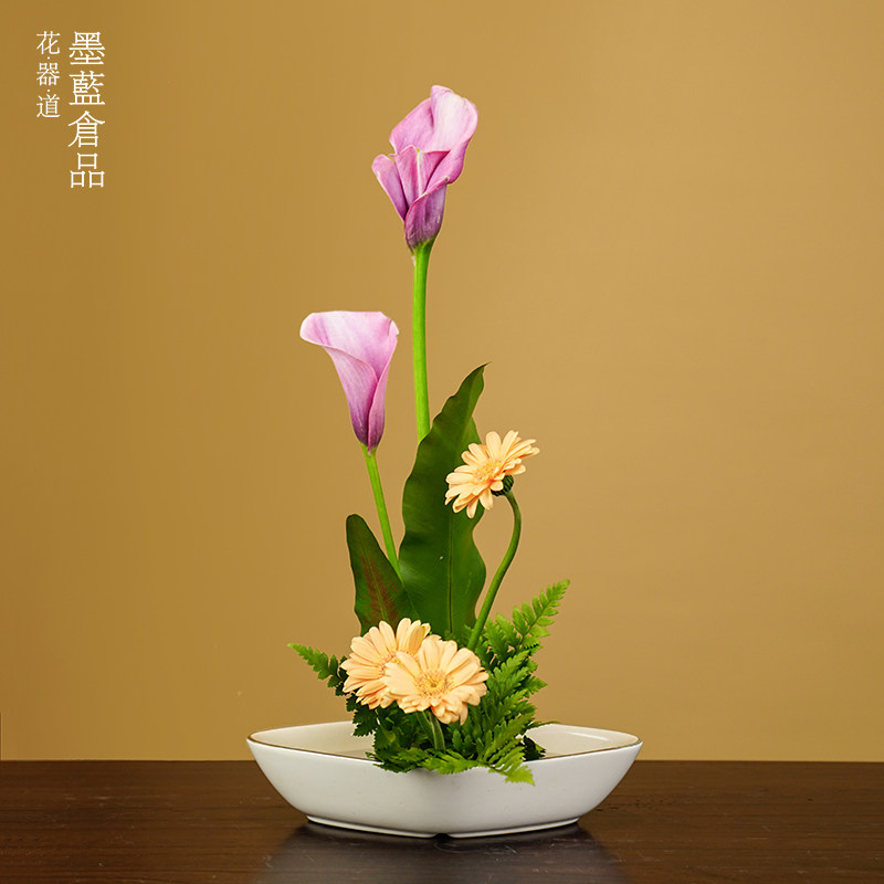 日本小原流天使菱形插花花器 禅意陶瓷插花器皿日式花道创意花盘